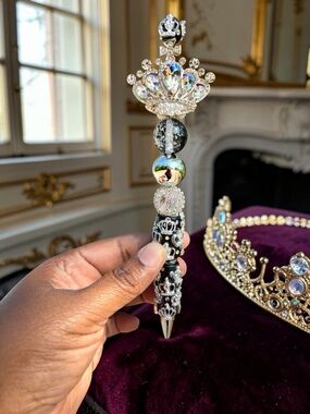Handcrafted Silver Crown Beaded Rhinestone Pen - Iridescent & Black